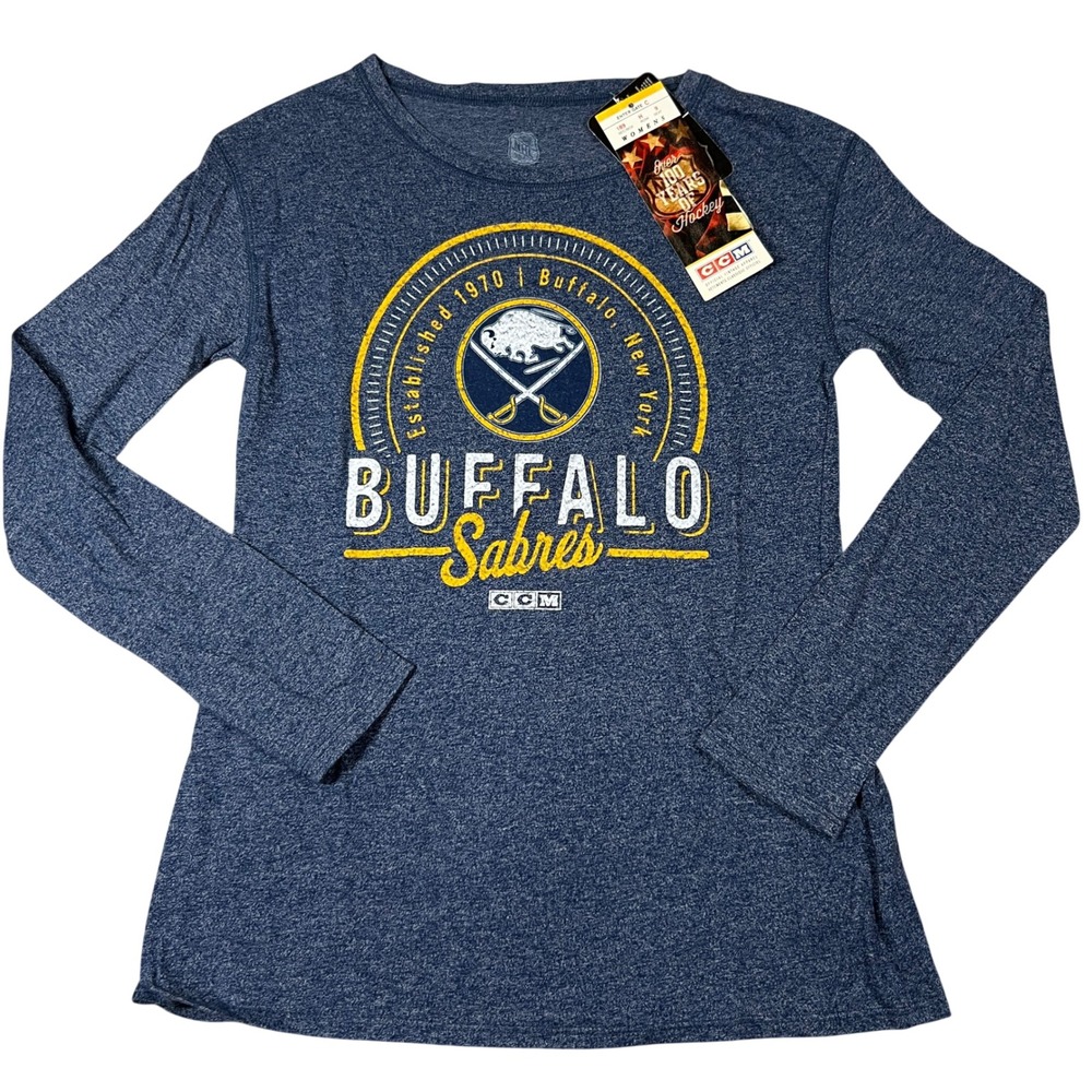 CCM Buffalo Sabres NHL Long Sleeve T-Shirt Heather Navy Blue Small NEW